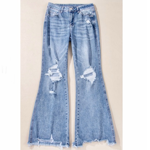 Dusk Blue High Rise Distressed Flare Jeans - Picture 3 of 10